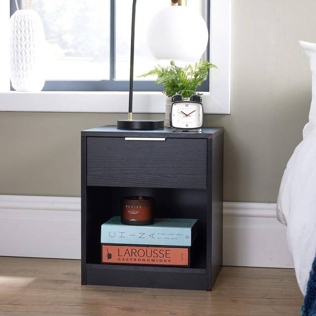 (Black) Bedside Table with Storage Drawer and Shelf