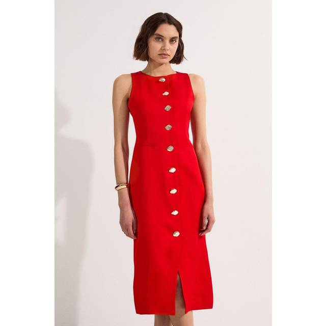 Viscose Linen Tailored Statement Button Front Pencil Midi Dress - Red