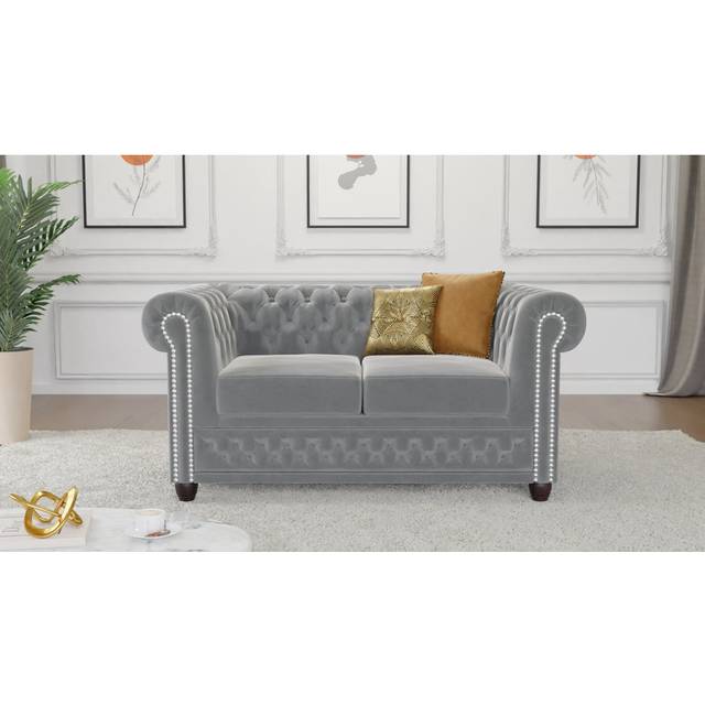 Rosdorf Park Chesterfield Hanna 2 Seater Sofa Made of Velvet Fabric with Solid Wood Legs Grey 72cm H X 148cm W X 86cm D