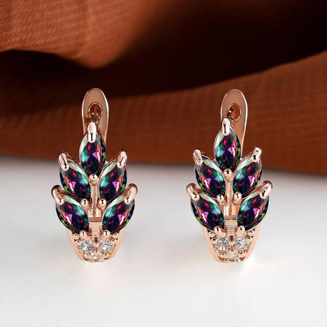 (multicolor) Fashion Women Rose Gold Color Leaf Ear Hook Earrings Marquise Cut Red Blue Purple Stone Pendant Earrings Jewelry Bridal Wedding Gift Acce