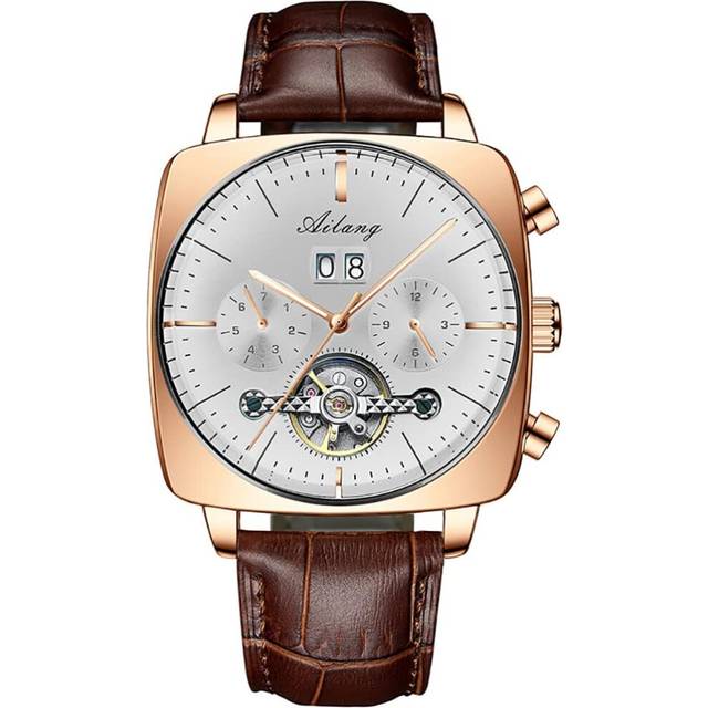 men Watch Leather Strap Square Large Dial Waterproof Wristwatch