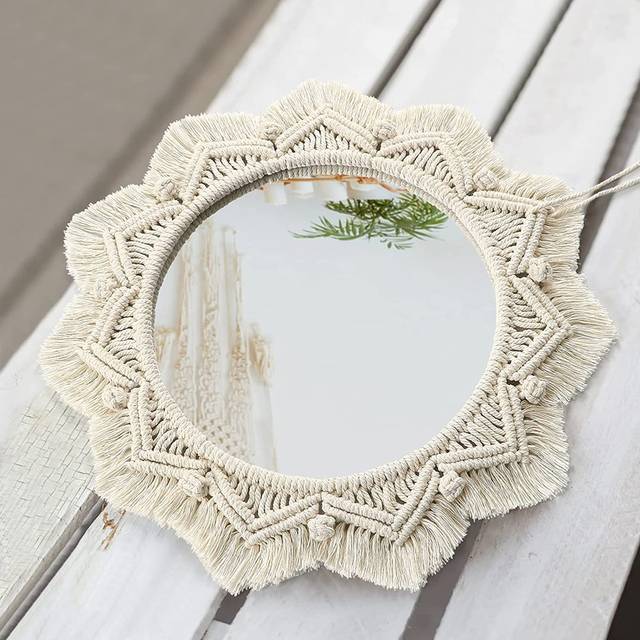Wall Mirror with Tassel Round Bohemian Antique Woven Mirror Art Decor - Beige (36cm H X 36cm W)