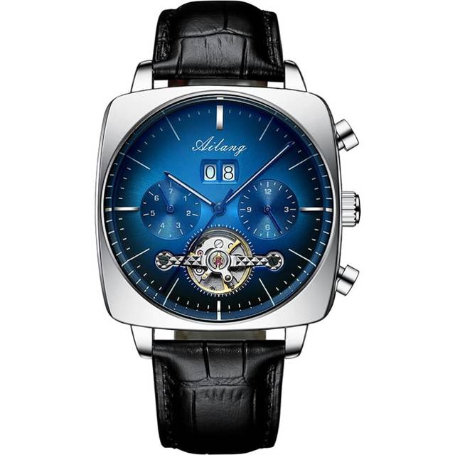 men Watch Leather Strap Square Large Dial Waterproof Wristwatch