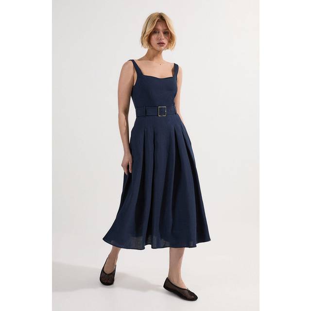 Premium Tailored Linen Belted Strappy Full Midi Dress - Navy
