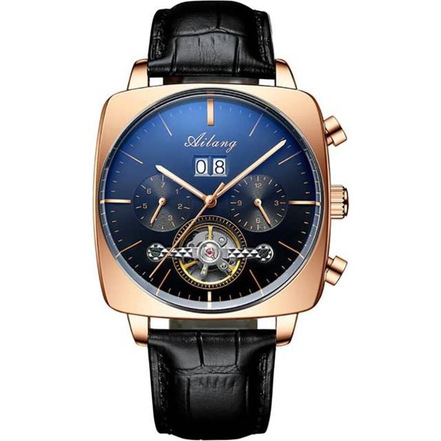 men Watch Leather Strap Square Large Dial Waterproof Wristwatch
