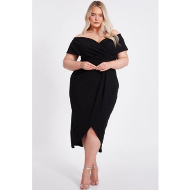 Quiz Curve Black Bardot Midi Dress, Black, Size 16, Women