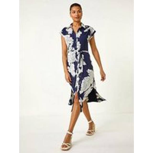 Floral Print Stretch Shirt Dress - Navy - 16