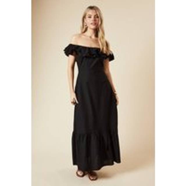 Womens Ruffle Bardot Linen Midi Dress - Black - 16