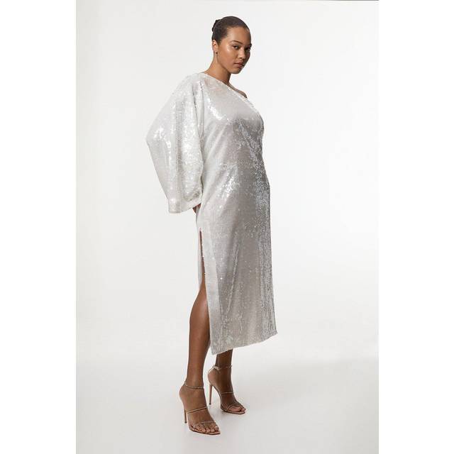 Plus Size Liquid Shine One Shoulder Woven Sequin Dress - White