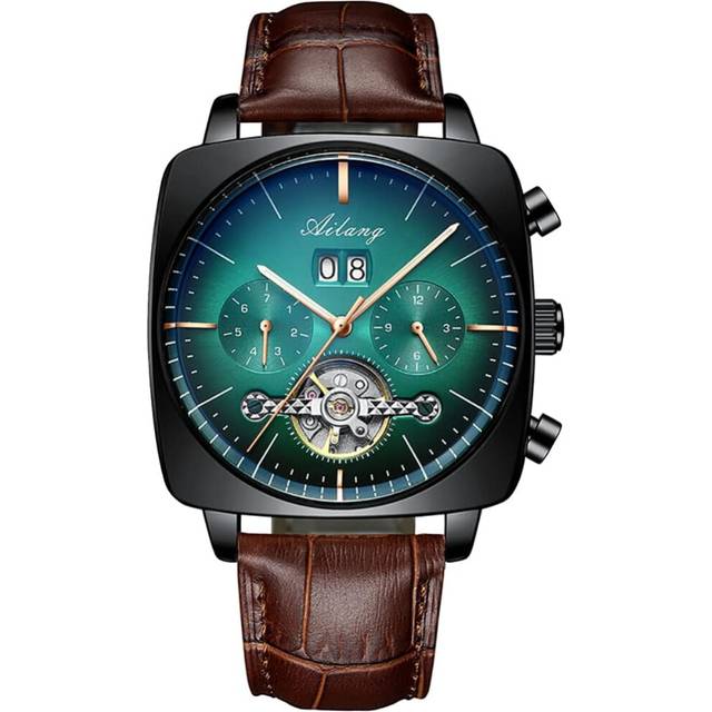 men Watch Leather Strap Square Large Dial Waterproof Wristwatch