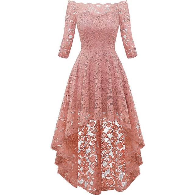 (S, pink) Promotion 50%off Womens Vintage Off Shoulder Lace Dress Floral Full Lace High And Low Long Sleeve Party Cocktail A-line Swing Dresses Best S