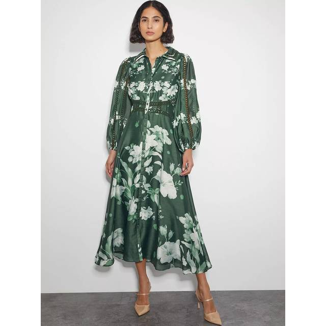 Monsoon Amari Floral Shirt Dress, Dark Green