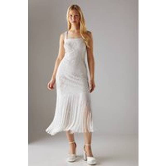 Womens Hen Premium Hand Embellished Sequin Flower Fringe Hem Midi Dress - White - 12