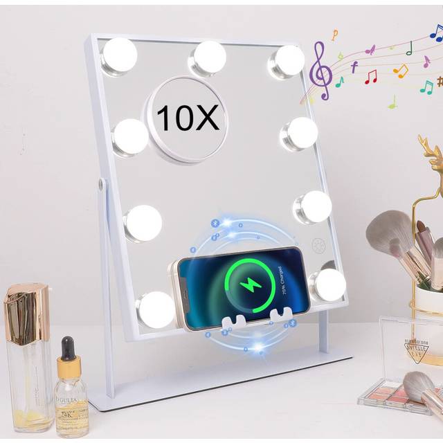 Hansong Hollywood Vanity Mirror with Music Bluetooth and Wireless Charger with 9 Bulbs Lighted Makeup Mirror with Phone Holder, White