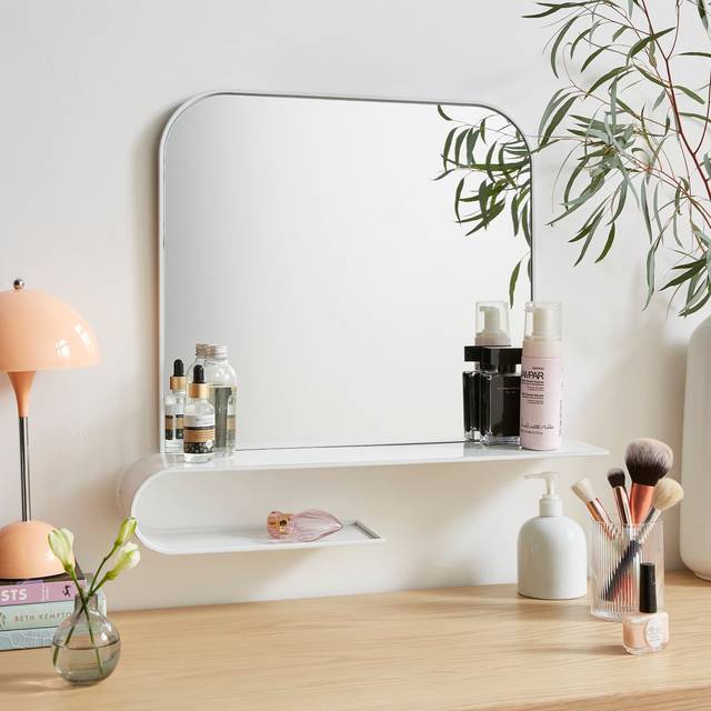 Elements Squoval Wall Mirror with Curling Shelf - White