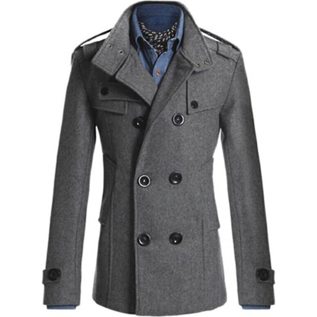 (Grey, L) Men Winter Warm Peacoat Double Breasted Trench Coat Long Jacket Formal Overcoat