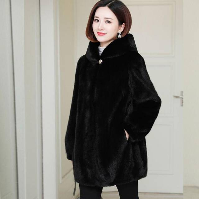 (black, XXXXXL) Women Thick Warm Outwear Hooded Mid Length Faux Fur Coat Female Parka Autumn Winter Imitation Mink Velvet Overcoat