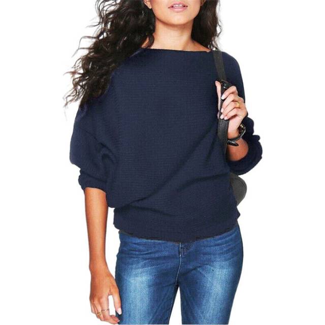 (Navy Blue, XL) Womens Batwing Sleeve Knitted Thin Sweater Ladies Casual Baggy Solid Jumper Tops
