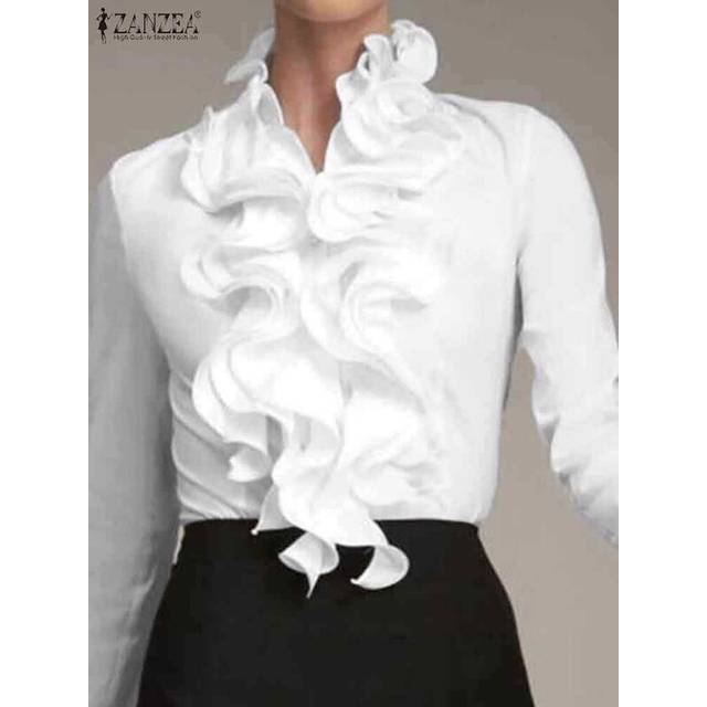 (XXXL, WHITE) Elegant Women Blouse Ruffles Tops Fashion Long Sleeve Shirts Flounce Blusas Stylish OL Work Shirt Female White Blouses
