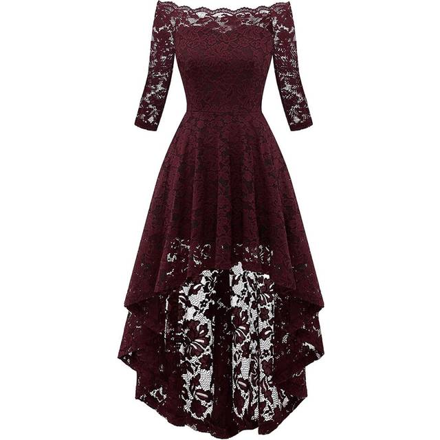 (XL, Wine red) Best Seller-womens Vintage Off Shoulder Lace Dress Floral Full Lace High And Low Long Sleeve Party Cocktail A-line Swing Dresses