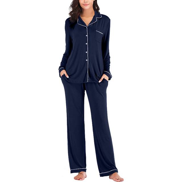 Ladies Knit Petite Pajamas Sets Long Sleeve Button Down Sets Navy Blue XXL