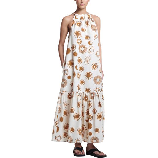 ASCENO Ibiza Halterneck Linen Cotton Blend Maxi Dress, White/Brown