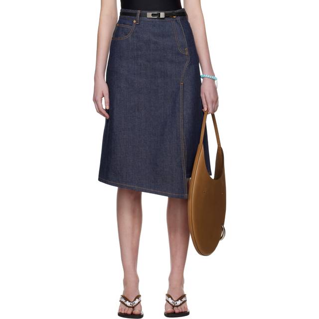 Tory Burch Navy High Slit Denim Midi Skirt - Raw/Unwashed - US 2
