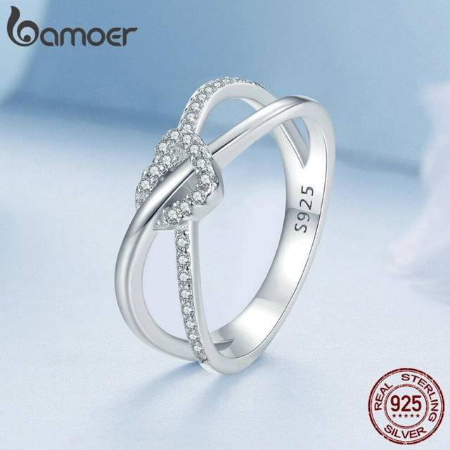 (7) Bamoer 925 Sterling Silver Geometric Twisted Ring Double Layer Knot Heart Knot Ring Engagement Fine Jewelry Gift For Women