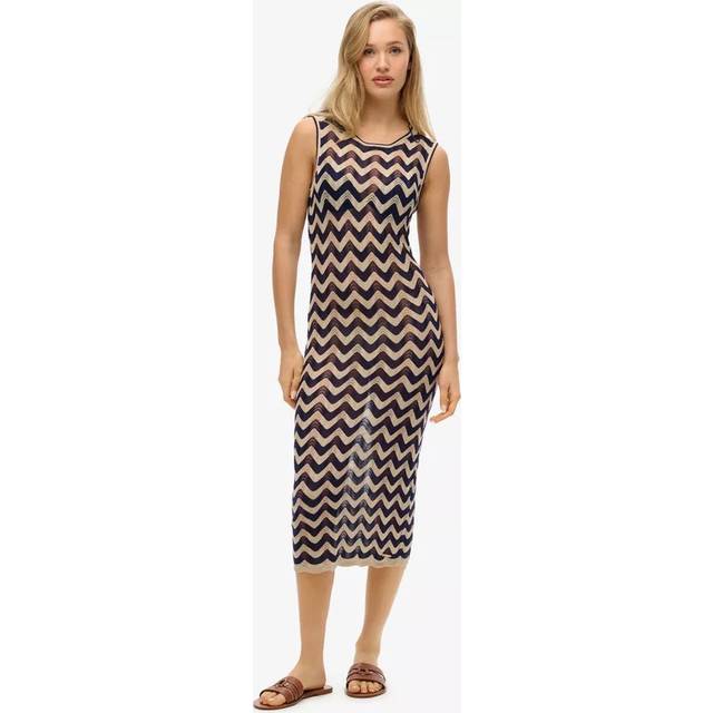 Superdry Zig Zag Knit Midi Dress, Navy/Gold