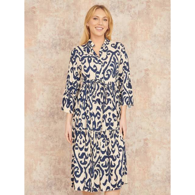 Navy Block Print Kaftan - Ivory - 16