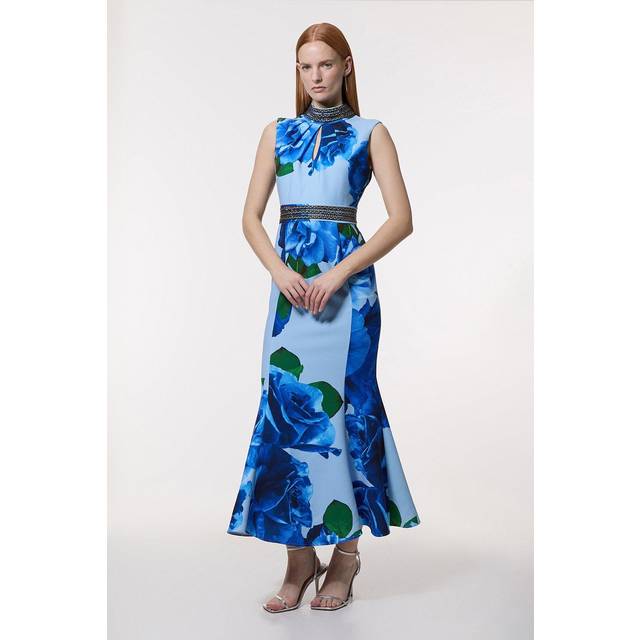 Petite Diamante Trim Rose Woven Maxi Dress - Blue