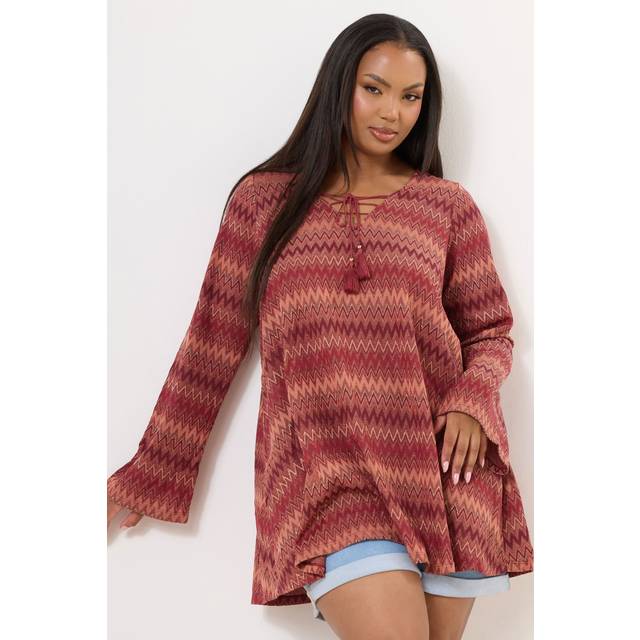 Yours Curve Rust Orange Metallic Zig Zag Tie Neck Tunic Top, Women's Curve & Plus Size, Yours - 18
