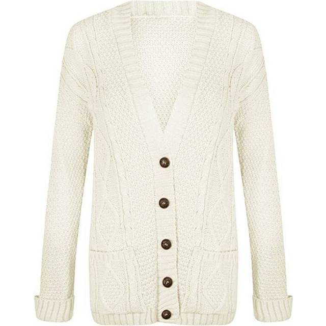 (White, 16-18) Womens Ladies Chunky Cable Knit Cardigan Button Long Sleeves Grandad Cardigans