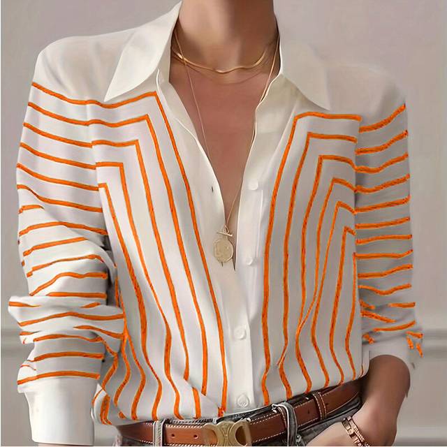 (B25SHH245614218, 2XL) Spring Summer Women's Oversized Shirt Blouse-Black & White Linear Print Button Down Tops,Casual street style Stretch Blouse
