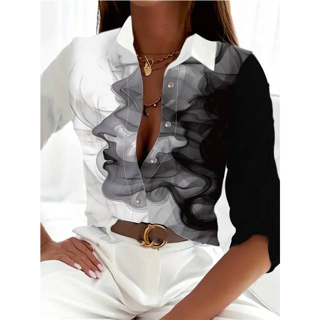 (B25SLTH2461415055, XL) Boutique Pattern Printed Button Long Sleeve Women's Shirt Vintage Elegant Office Fashion Large Size Women's Daily Lapel Shirt