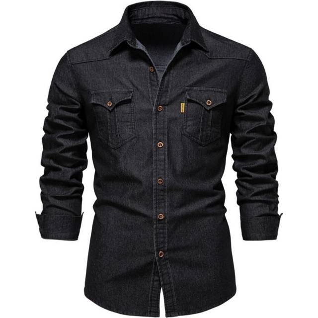 (Black, L) Mens Denim Shirt Button Down Long Sleeve Casual Slim Fit Shirts