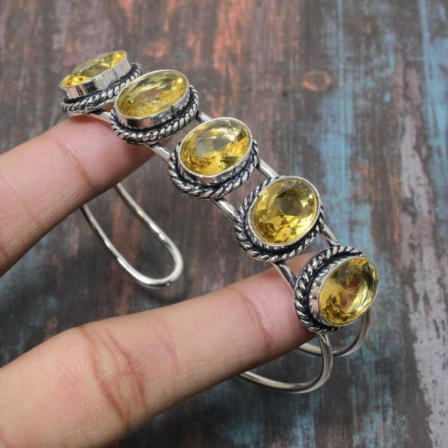 (yellow, Adjustable) Amazing Citrine Gemstone Handmade Solid 925 Sterling Silver Cuff Bangle Adjustable
