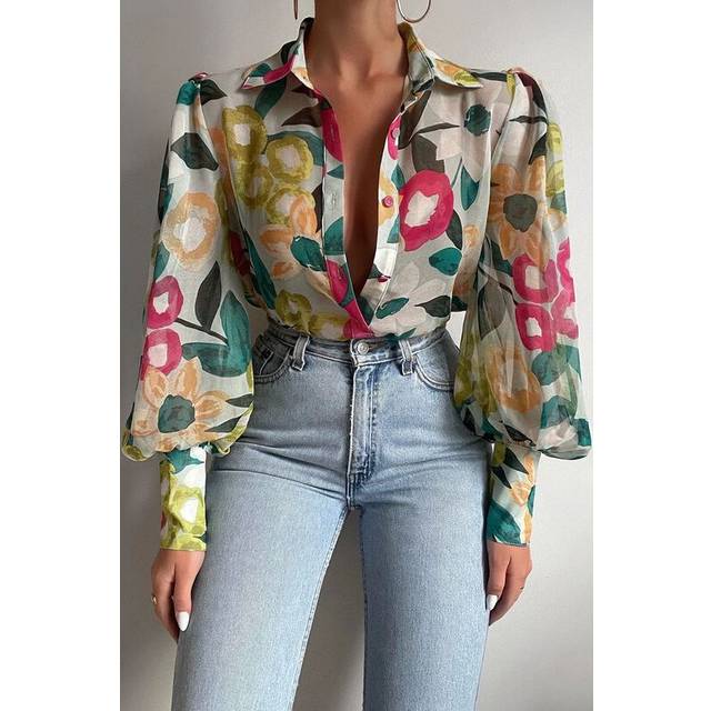 (maroon, S) Spring Long Sleeve Top  New Print Retro Hong Kong Style Shirt Women Design Lantern Sleeve Single Breasted Blouse Femme Blusa