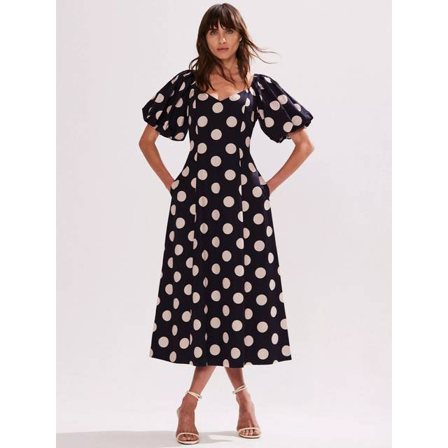Ro&Zo Yasmin Spot Puff Sleeve Dress, Navy/White
