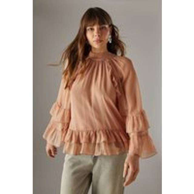 Bow Back Ruffle Boho Top With Flared Sleeve - Tan - 8