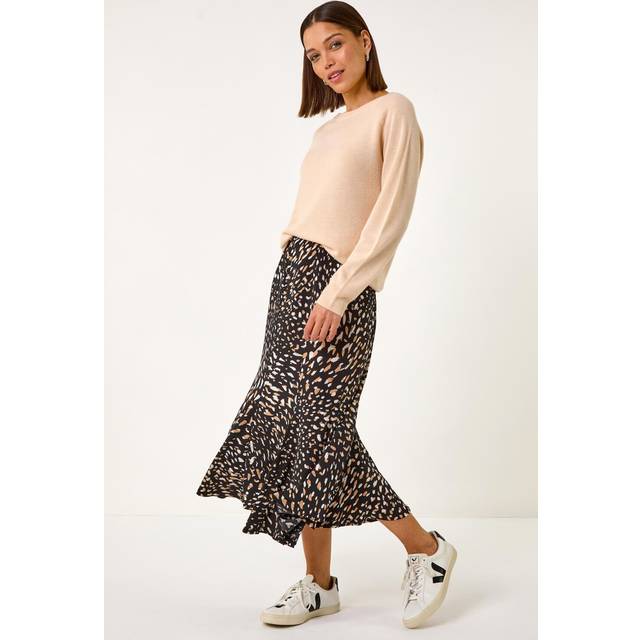 Speckled Print Asymmetric A-Line Skirt - Tan - 16