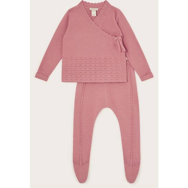 Monsoon Baby Cotton Knit Wrap Cardigan & Leggings Set, Pink
