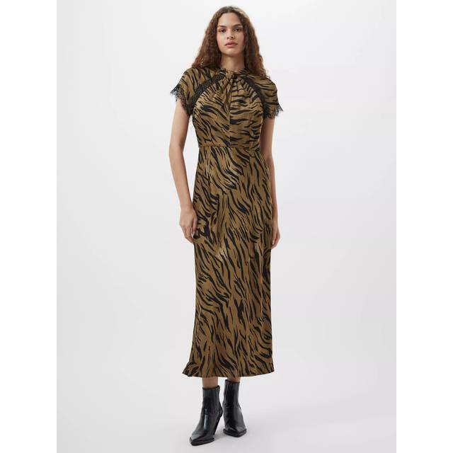 Adeline Ennis Eco Satin Lace Trim Dress Golden Olive Khaki - Green