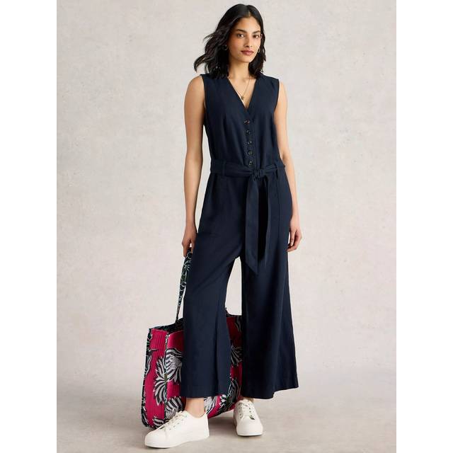 White Stuff Betty Linen Blend Wide Leg Jumpsuit, Dark Navy