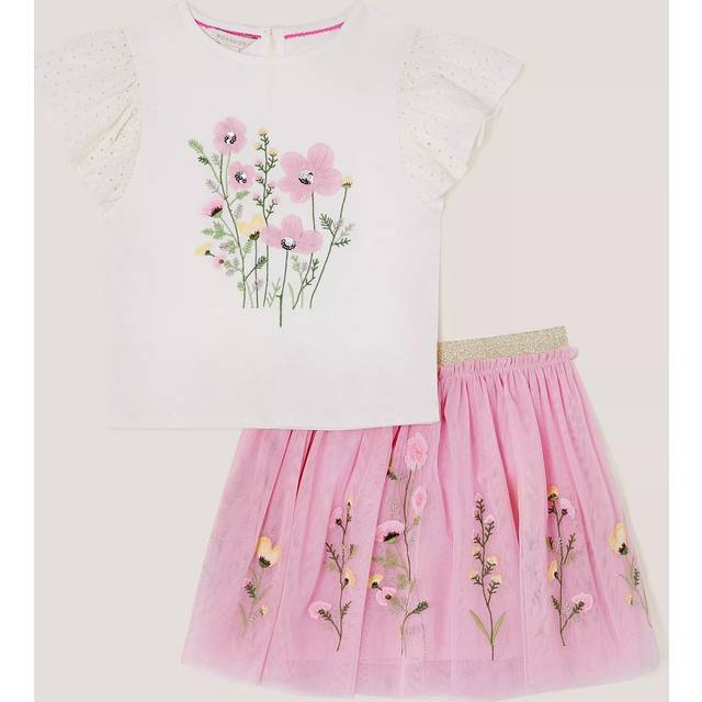 Monsoon Kids' Floral T-Shirt & Tulle Skirt Set, Pink/Multi