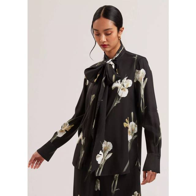Ted Baker Floral Scarf Detail Long Sleeve Blouse, Black