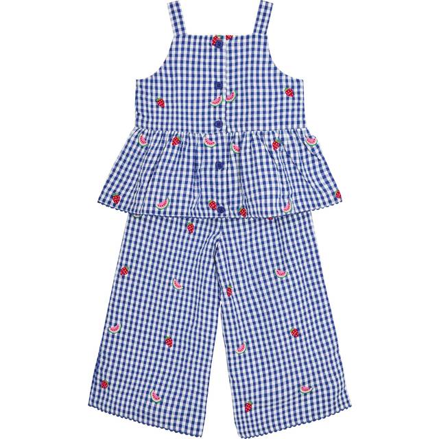 JoJo Maman Bébé Kids' Cotton Embroidered Gingham Top & Trousers Set, Blue