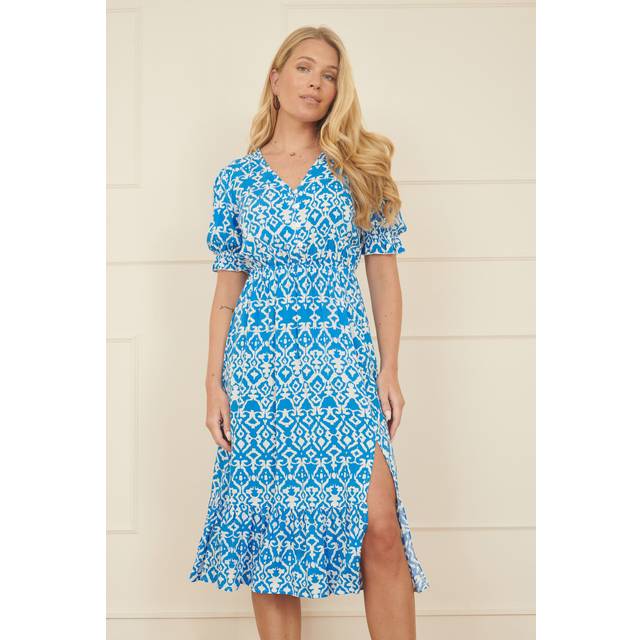 Yumi Blue Geo Print Puff Sleeve Midi Split Hemline - Size 10 UK - Yumi