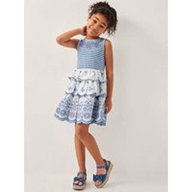 Monsoon Kids' Broderie Stripe Tiered Dress, Blue
