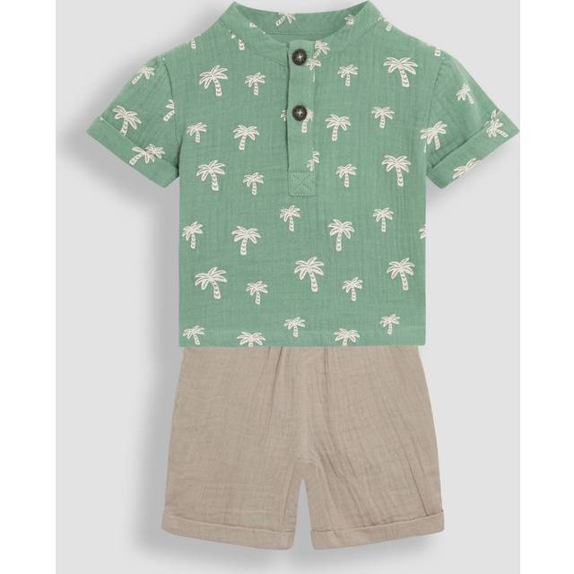 JoJo Maman Bébé Baby Cotton Cheesecloth Palm Tree Print T-Shirt & Shorts Set, Khaki